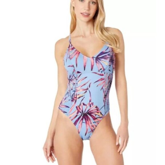 Jessica Simpson S One-Piece Tropical Cross Back Smocked Swimwear V-neck Swimsuit - Picture 2 of 12